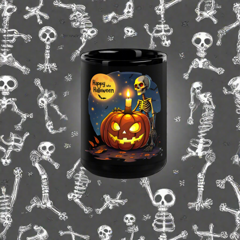 Black Spooky Halloween Skeleton Glossy Mug