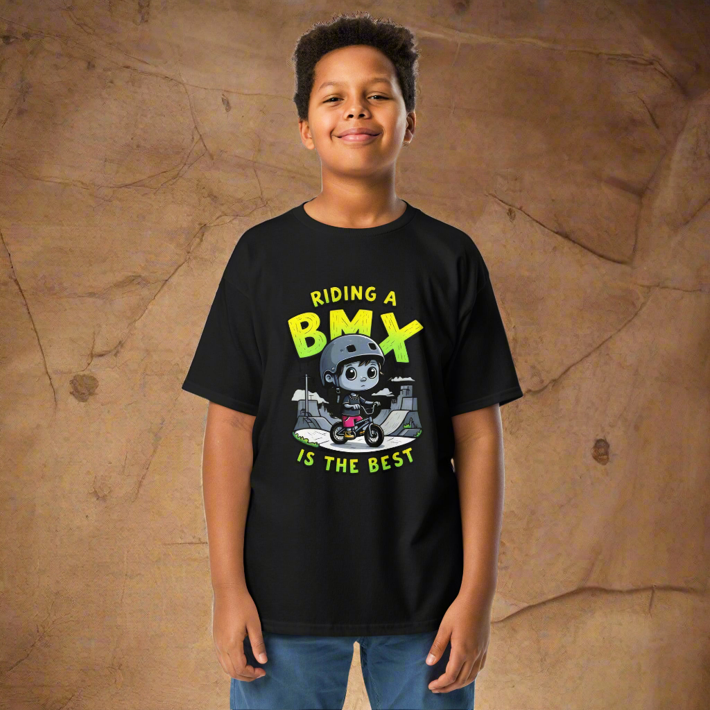 Youth Riding a BMX is the best 100% cotton classic tee
