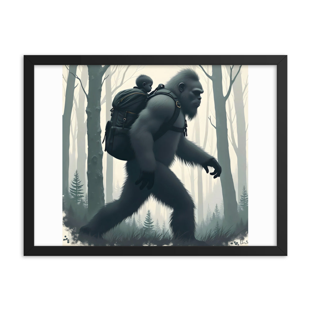 Bigfoot Sasquatch and baby Framed poster