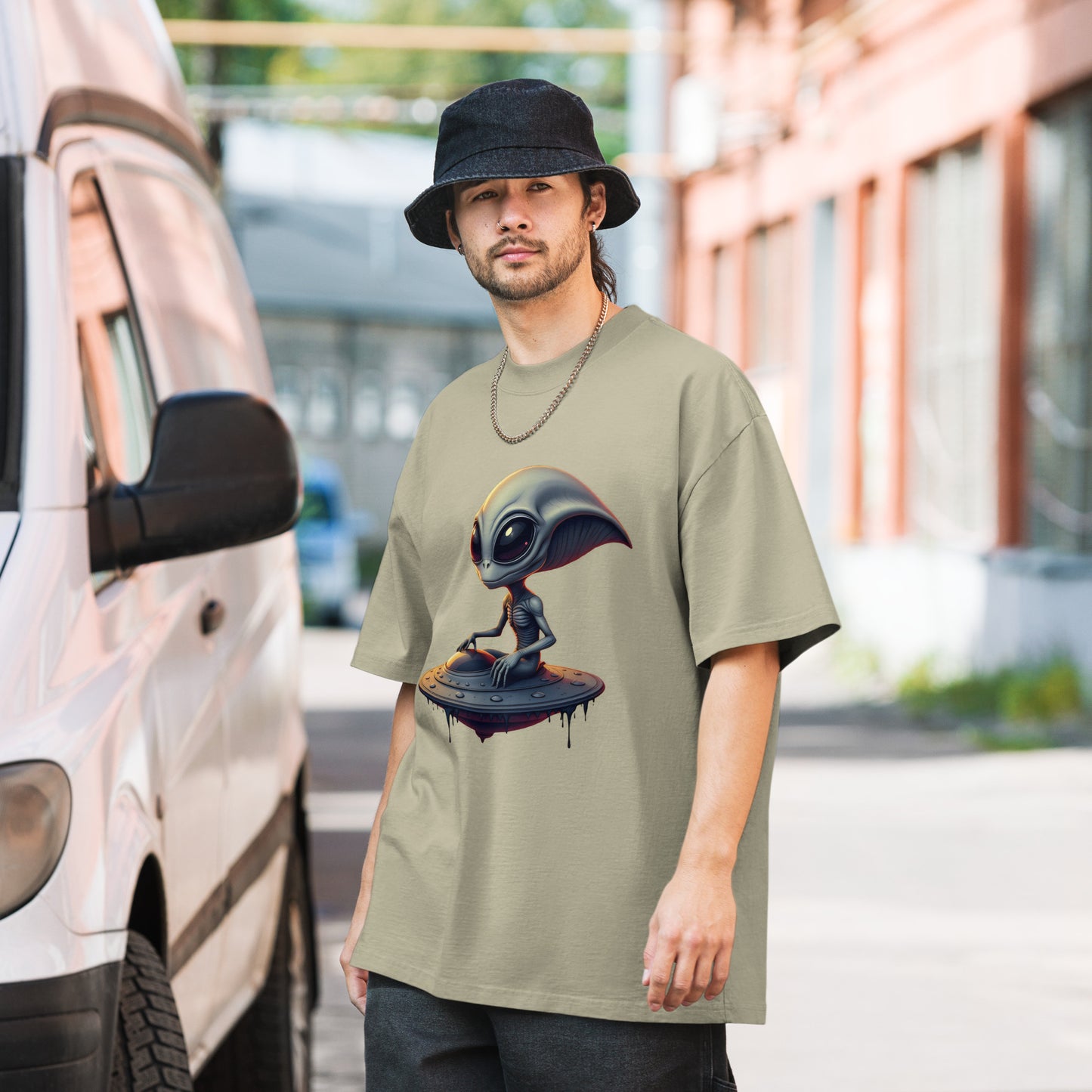 Oversized UFO alien armed eyes faded t-shirt