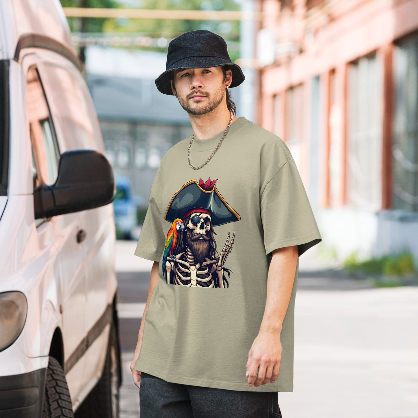 Oversized skeleton pirate & parrot faded t-shirt