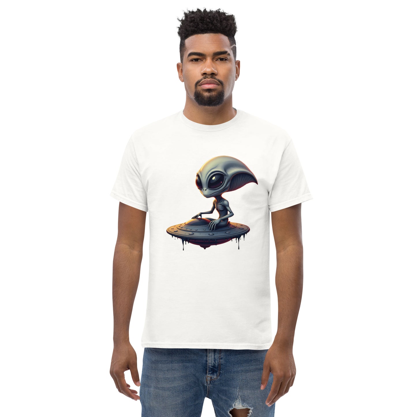 Unisex Almond eyed alien riding ufo classic tee