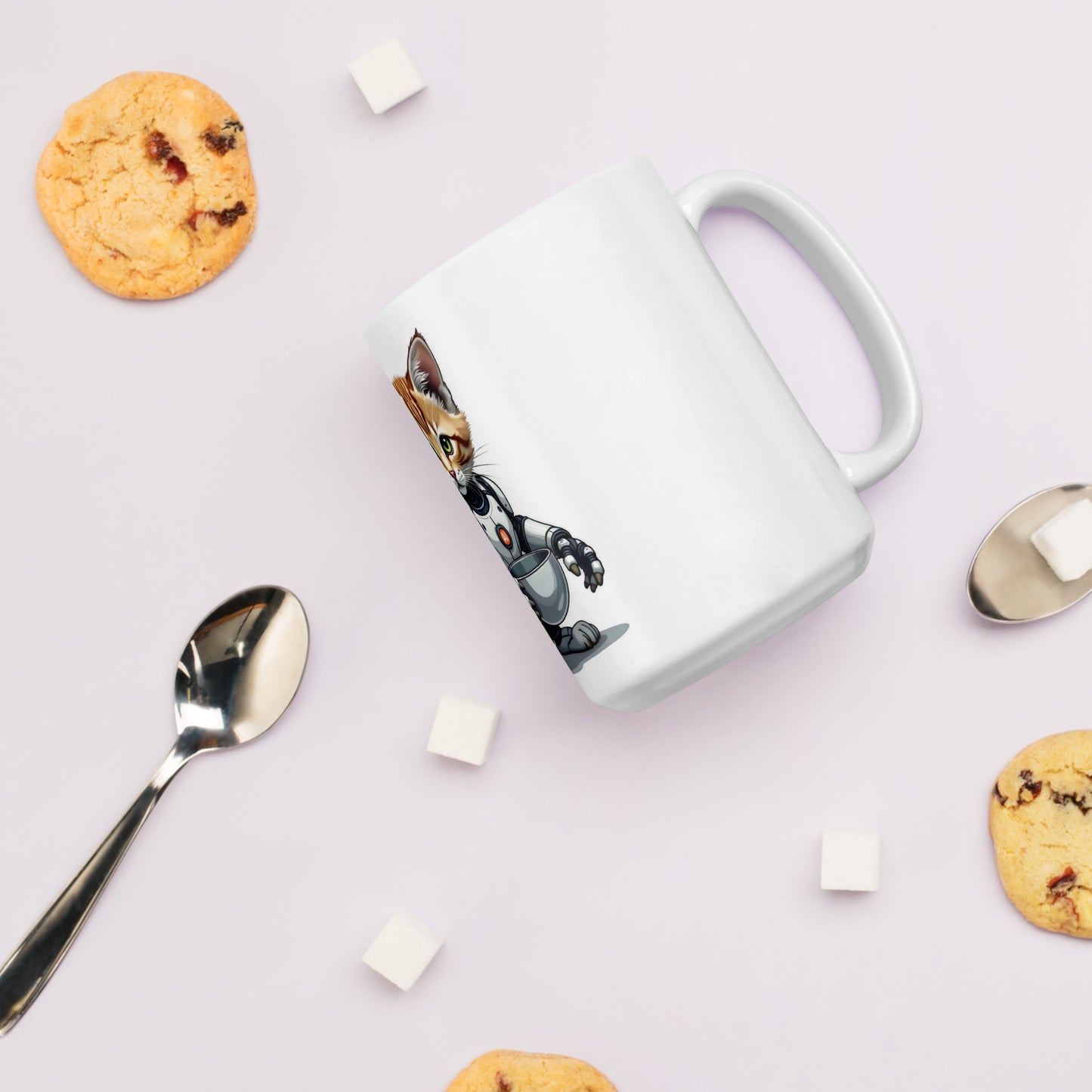 Hybrid aI cat with bowls White glossy mug