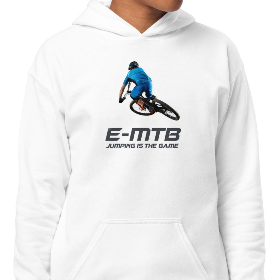 Youth Unisex E-MTB Jumping is the game stylish front print heavy blend hoodie