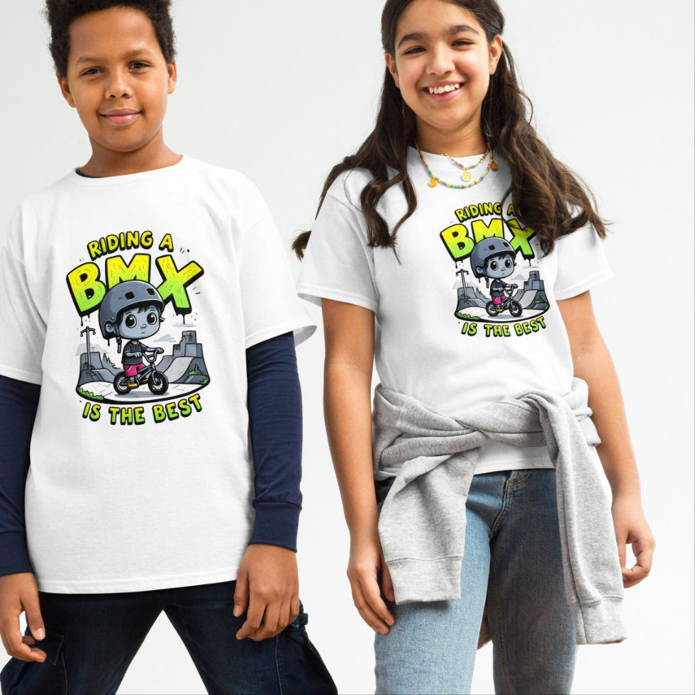 Youth Riding a BMX is the best 100% cotton classic tee