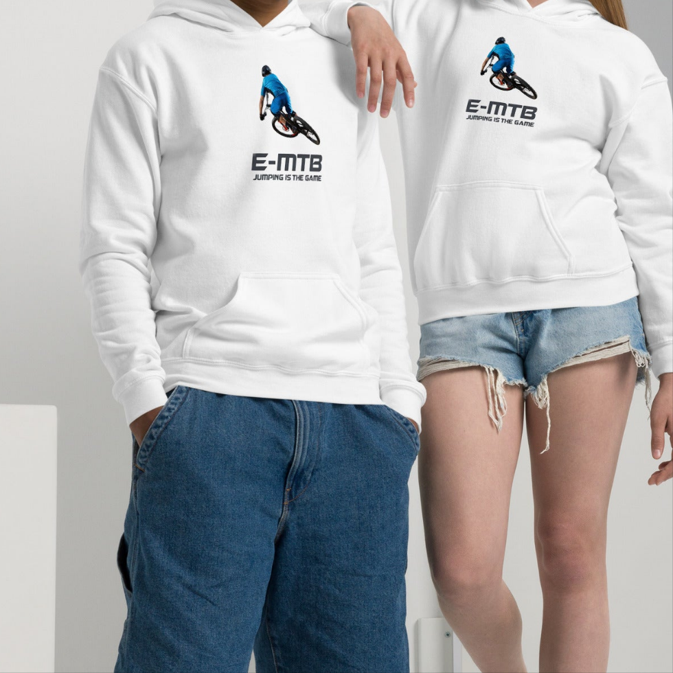 Youth Unisex E-MTB Jumping is the game stylish front print heavy blend hoodie