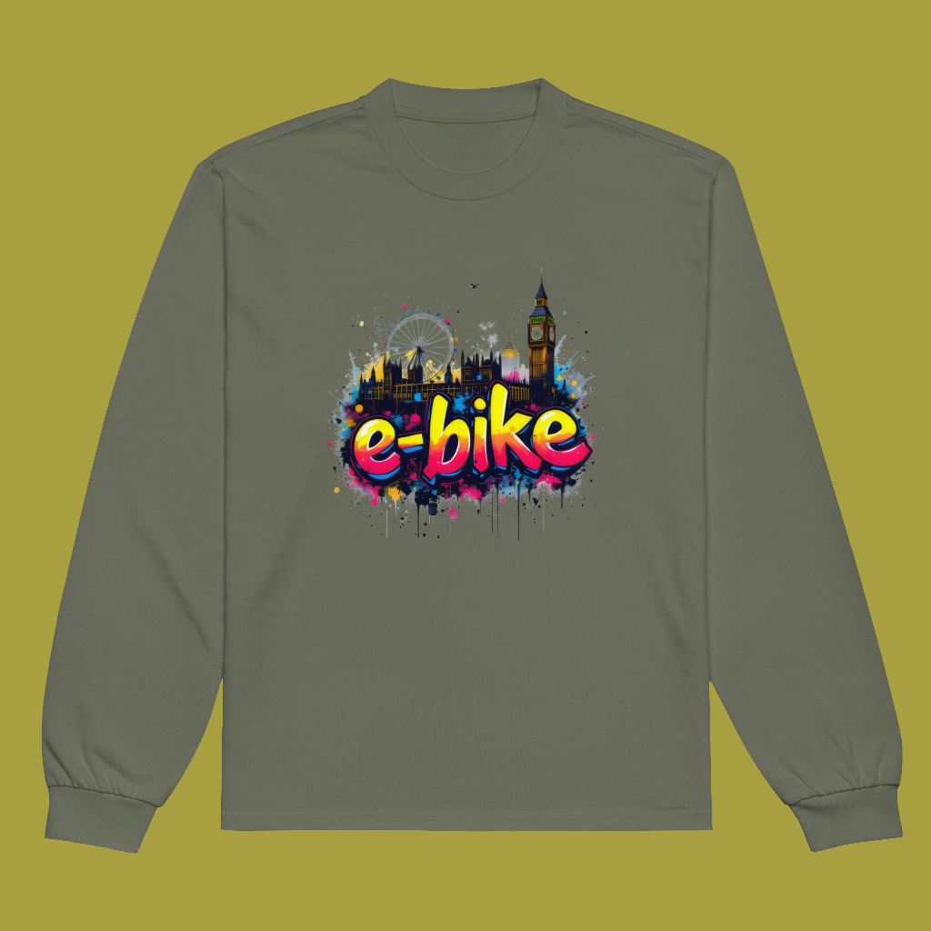 Premium E bike London city skyline heavyweight long sleeve shirt