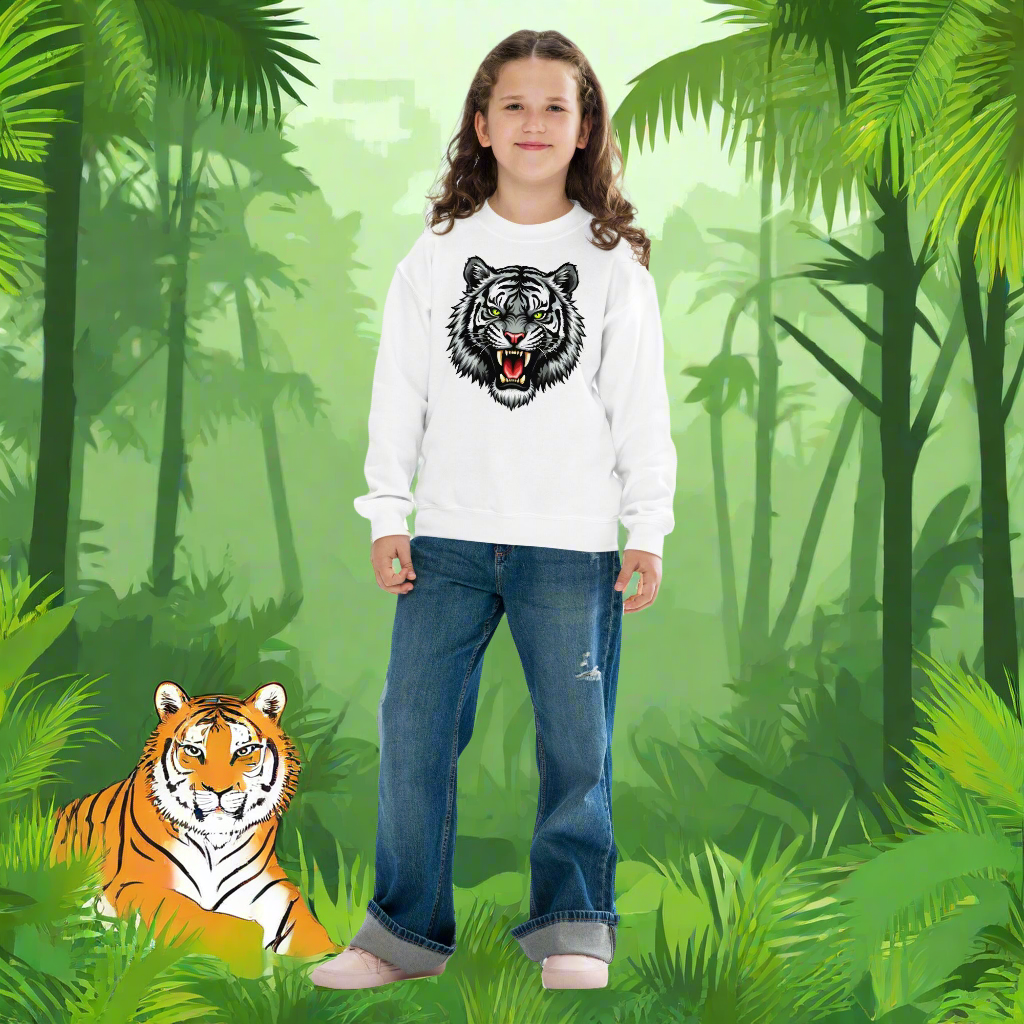 Youth Unisex Black and white tiger crewneck sweatshirt
