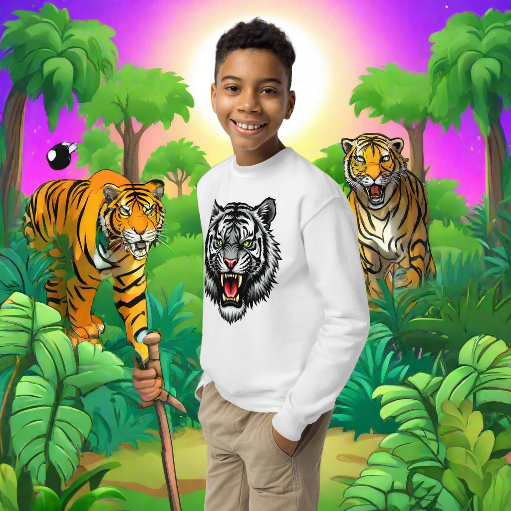 Youth Unisex Black and white tiger crewneck sweatshirt