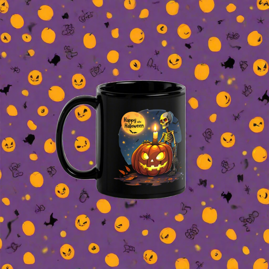 Black Spooky Halloween Skeleton Glossy Mug