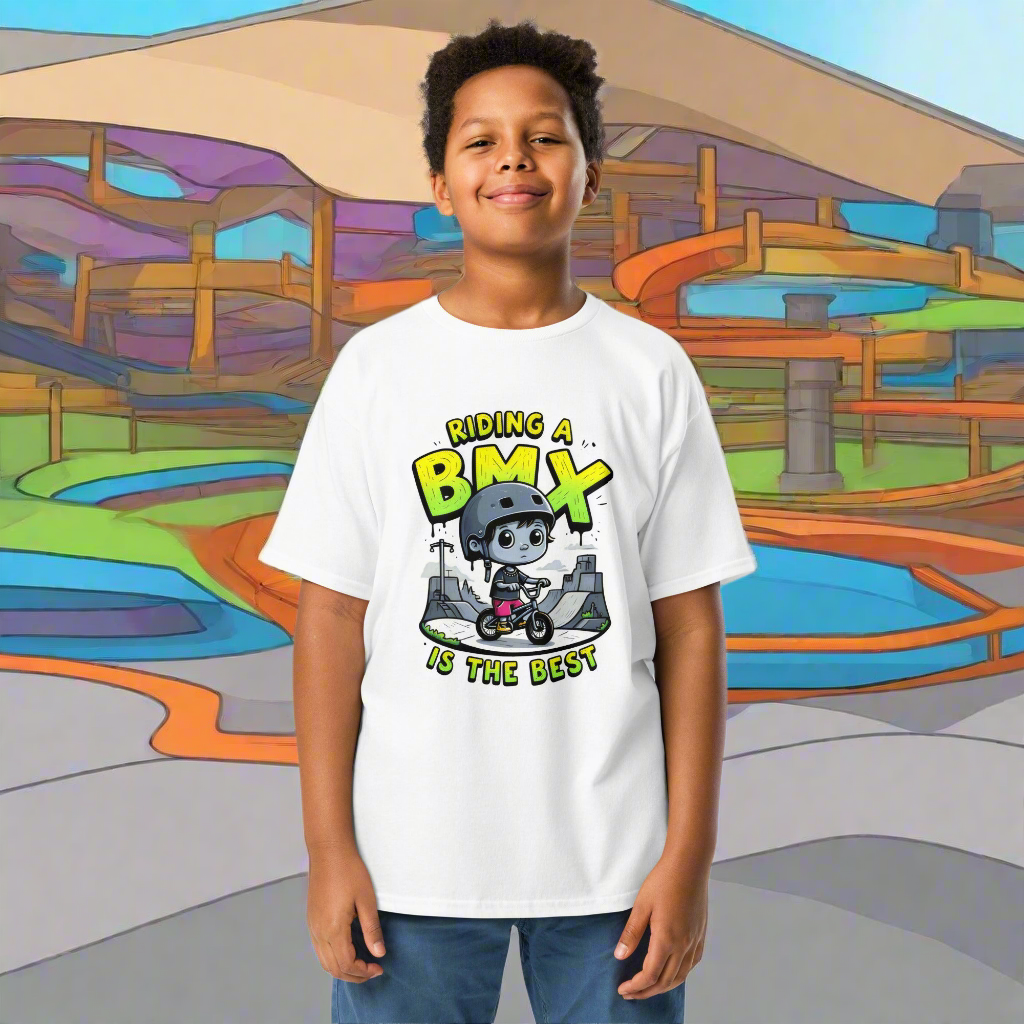 Youth Riding a BMX is the best 100% cotton classic tee