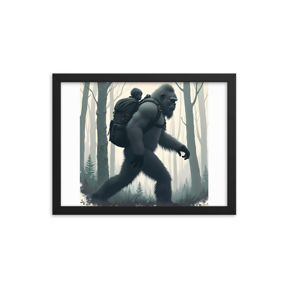 Bigfoot Sasquatch and baby Framed poster