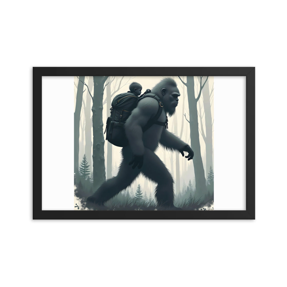 Bigfoot Sasquatch and baby Framed poster