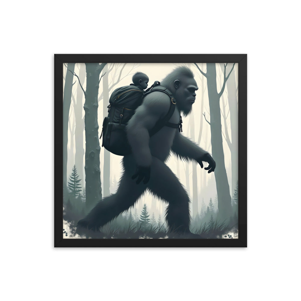 Bigfoot Sasquatch and baby Framed poster