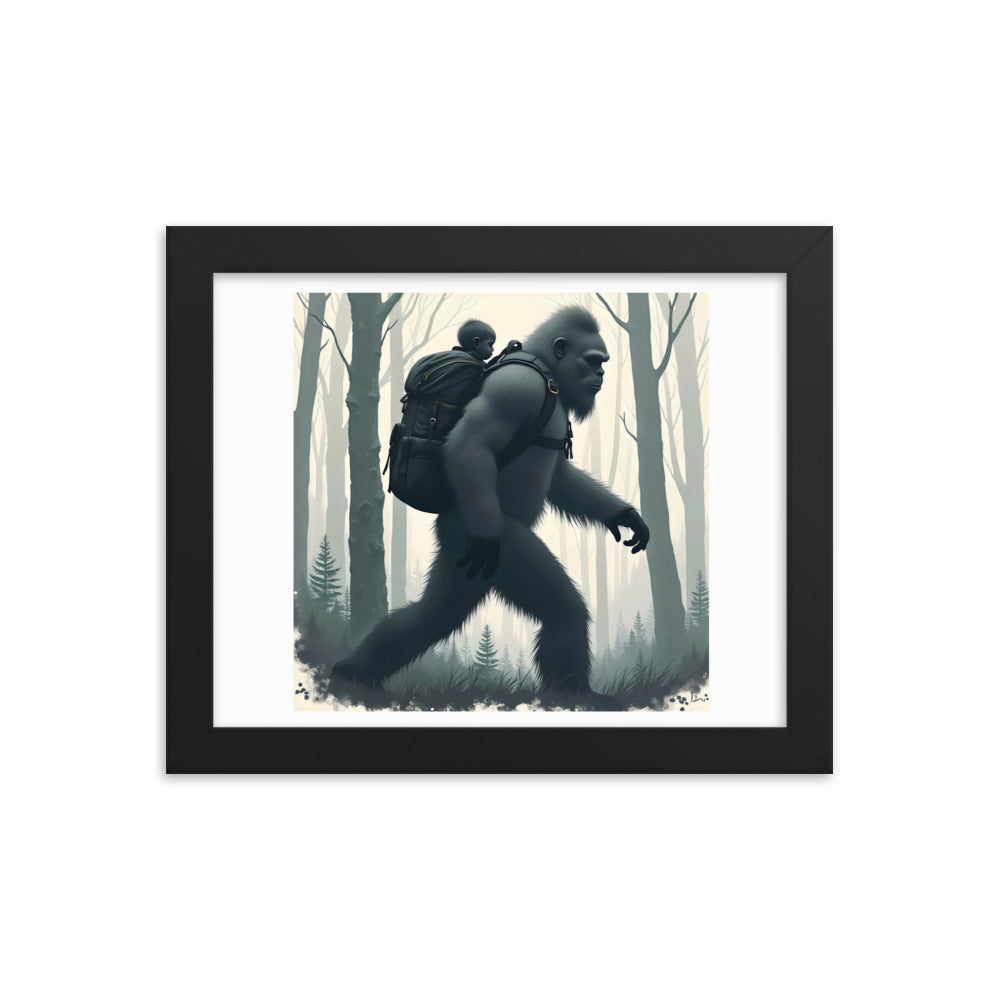 Bigfoot Sasquatch and baby Framed poster