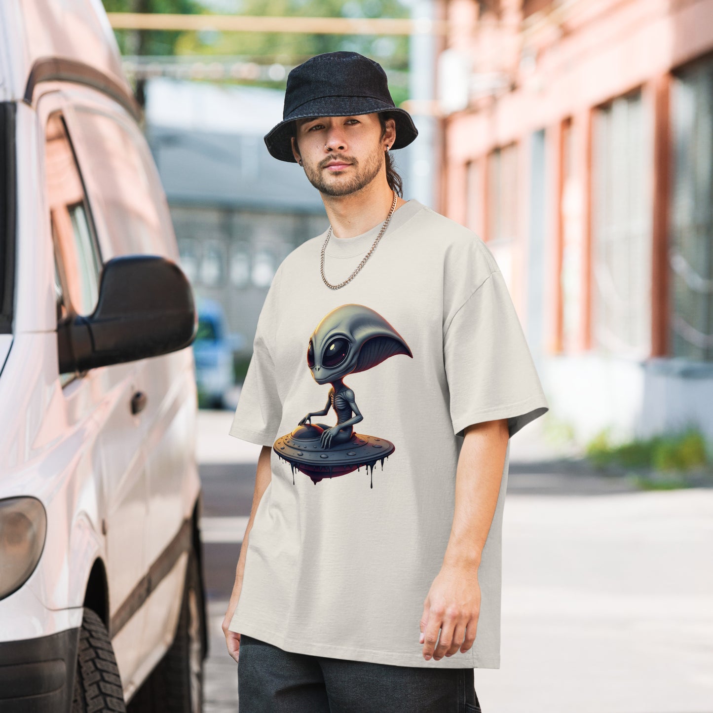 Oversized UFO alien armed eyes faded t-shirt