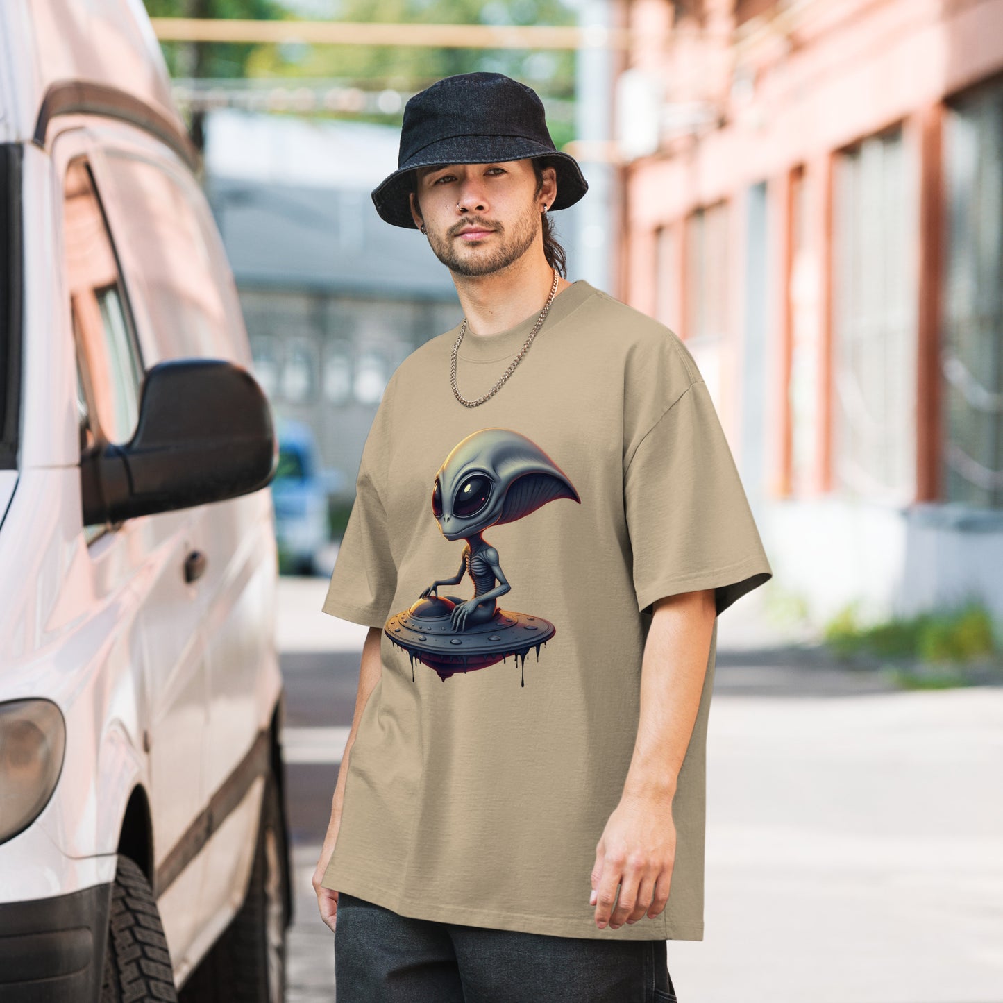 Oversized UFO alien armed eyes faded t-shirt