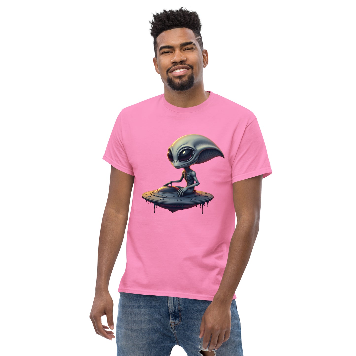 Unisex Almond eyed alien riding ufo classic tee
