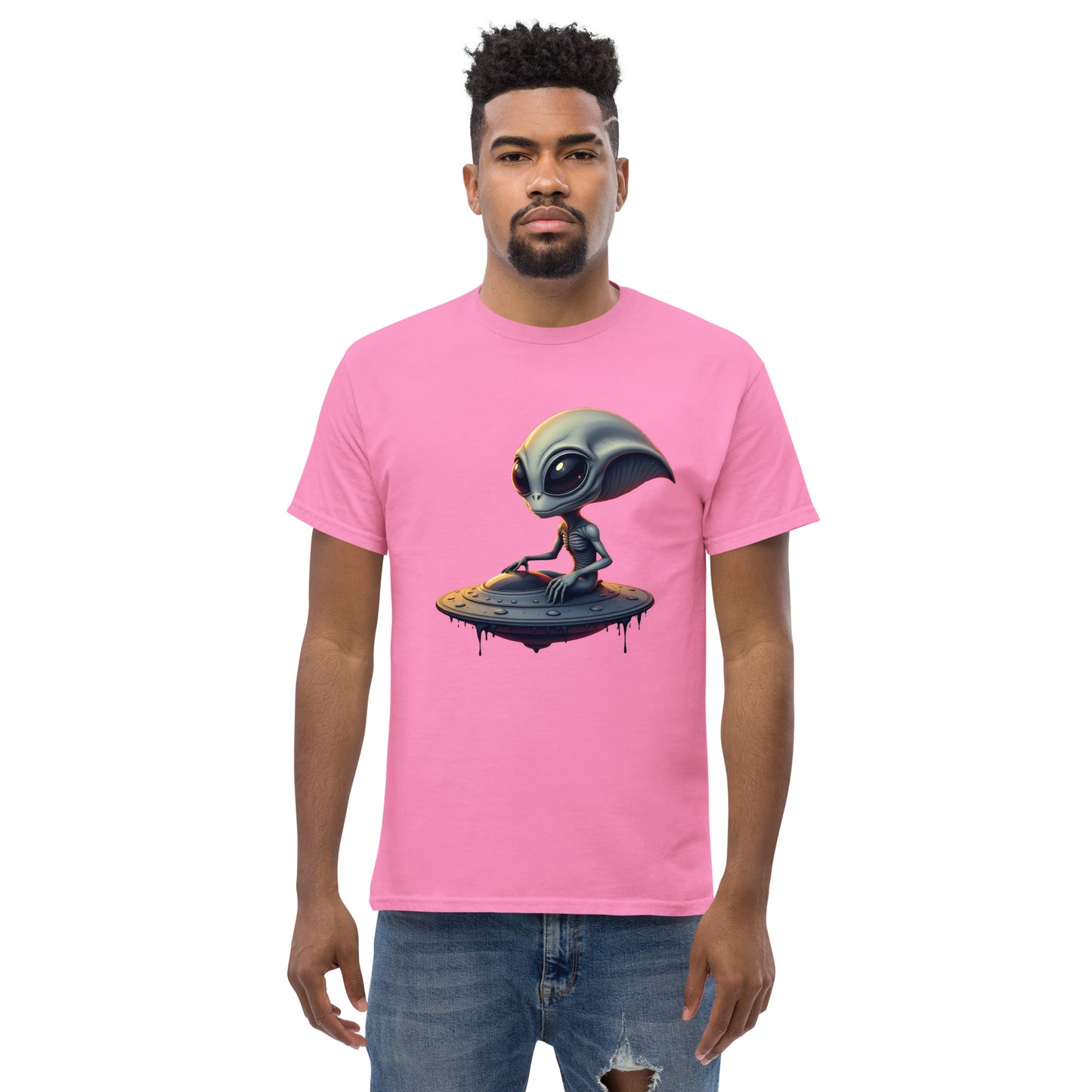 Unisex Almond eyed alien riding ufo classic tee
