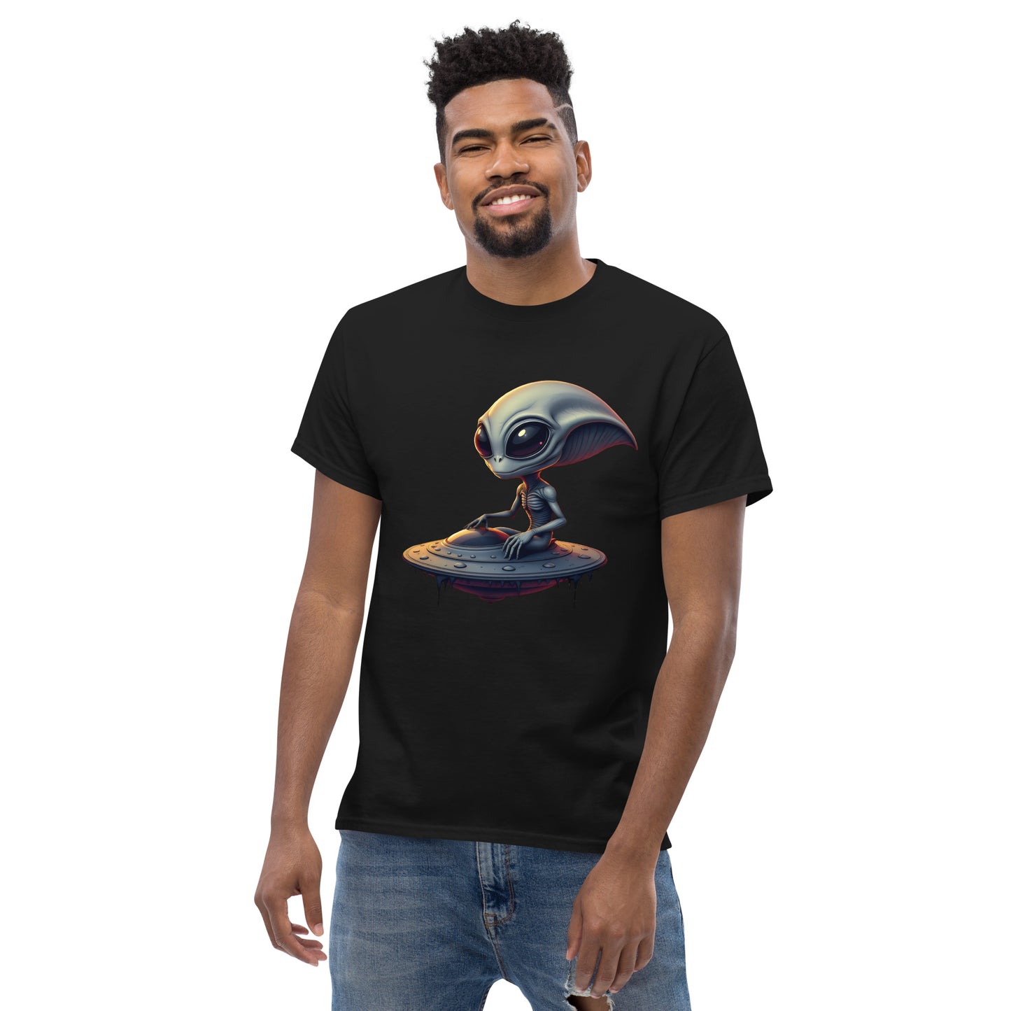 Unisex Almond eyed alien riding ufo classic tee