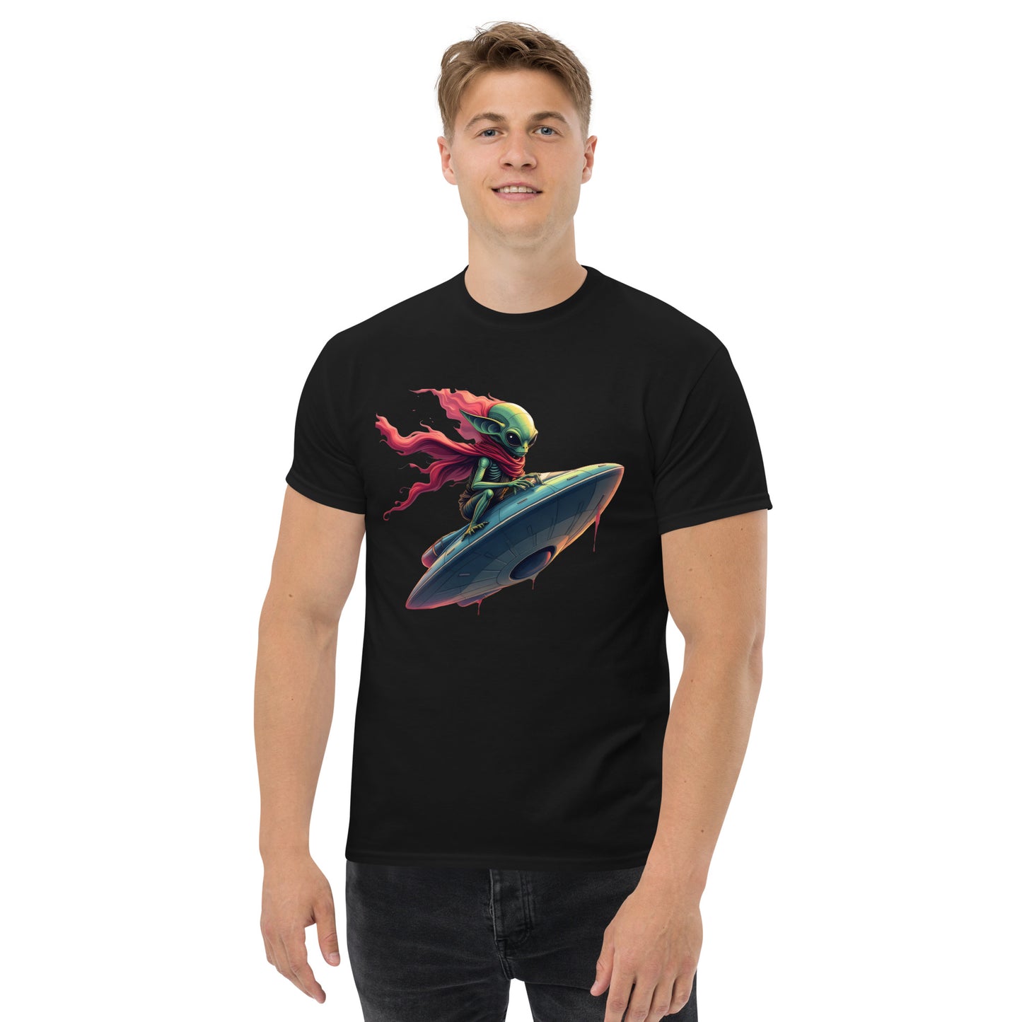 Unisex Alien Surfing a UFO classic tee