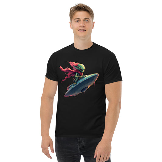 Unisex Alien Surfing a UFO classic tee