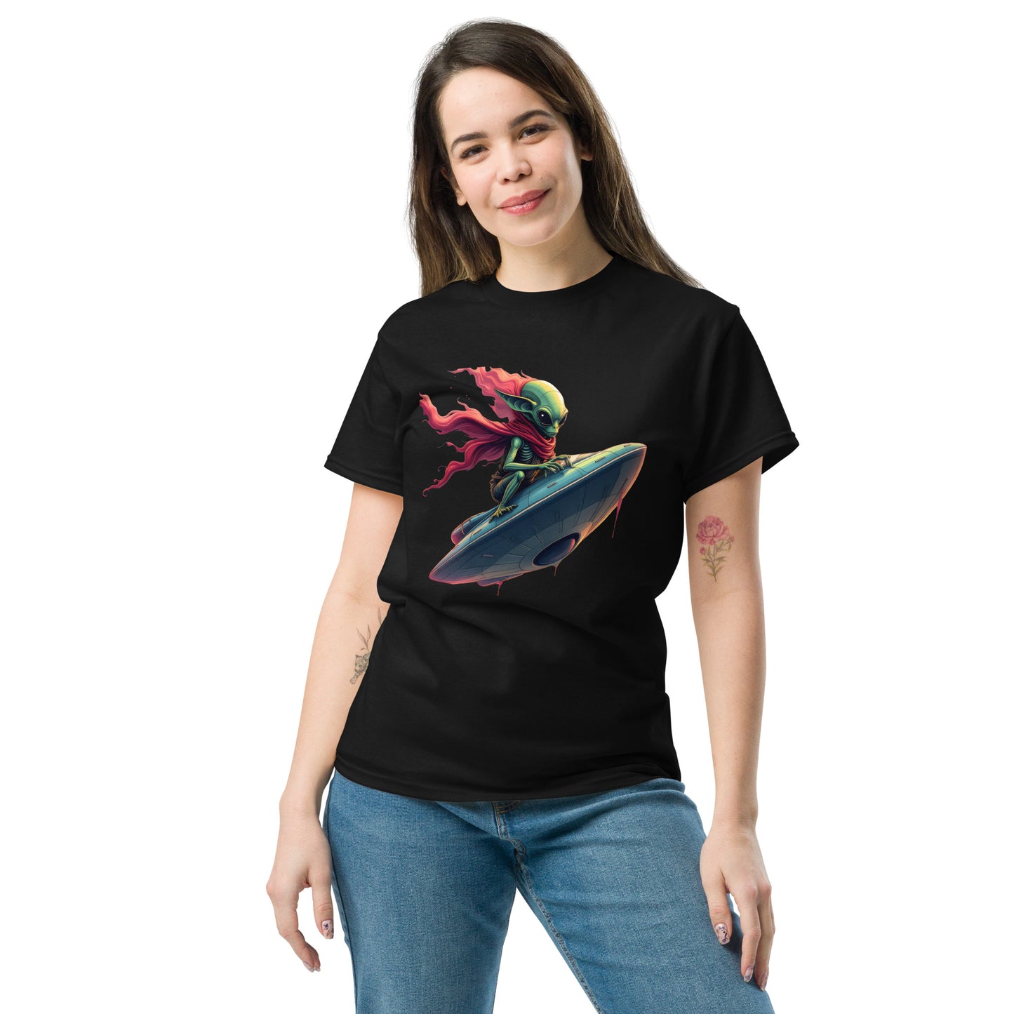 Unisex Alien Surfing a UFO classic tee