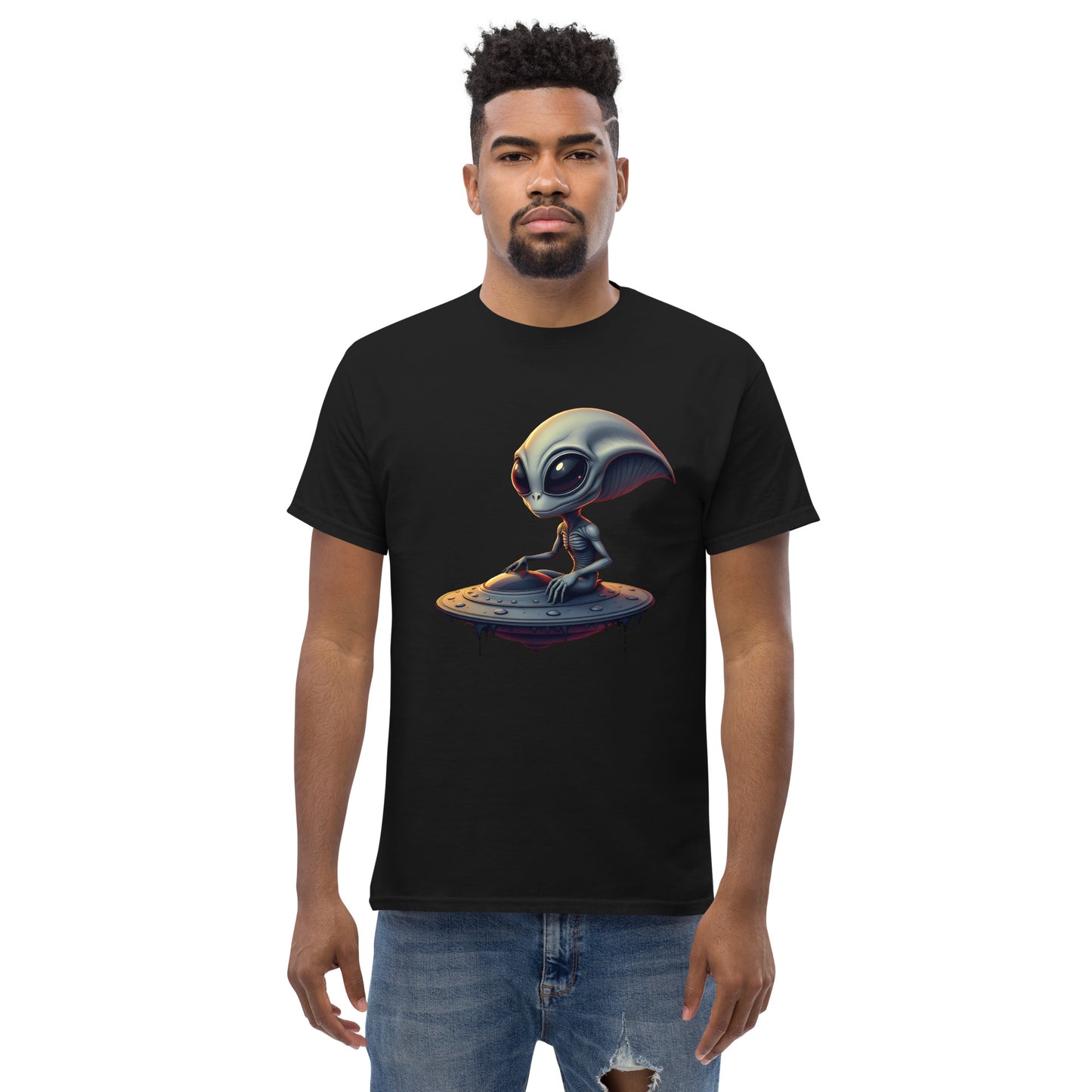 Unisex Almond eyed alien riding ufo classic tee