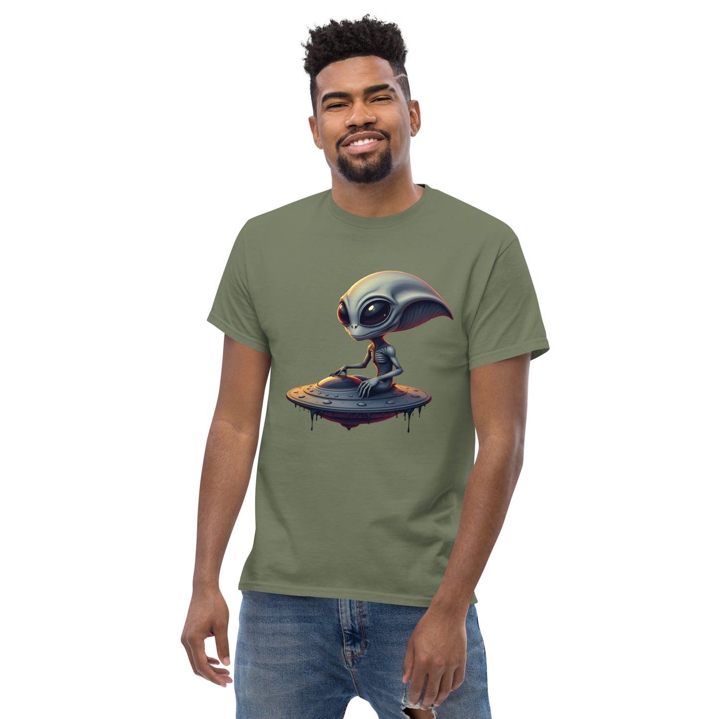 Unisex Almond eyed alien riding ufo classic tee