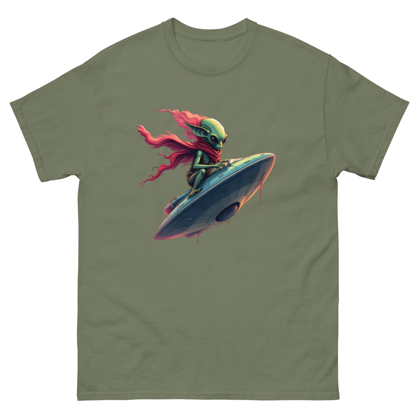 Unisex Alien Surfing a UFO classic tee