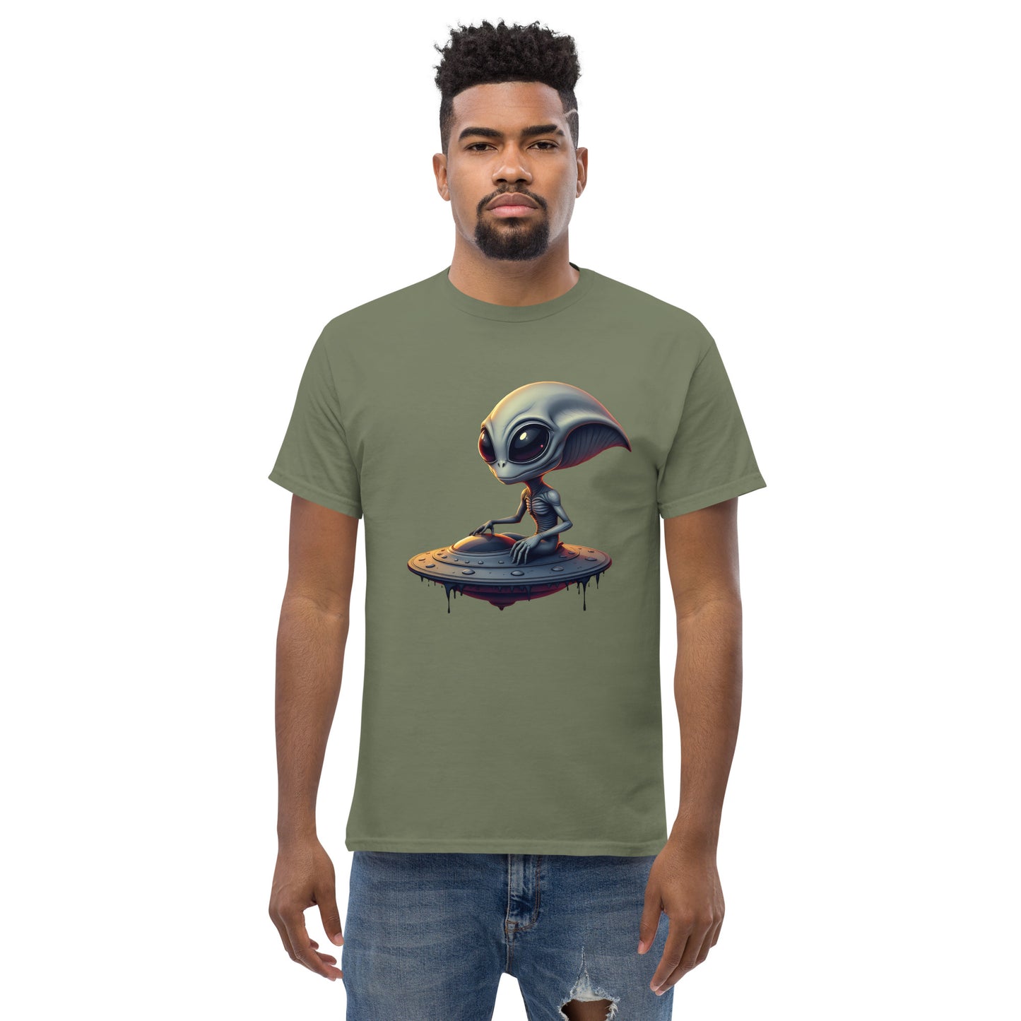 Unisex Almond eyed alien riding ufo classic tee