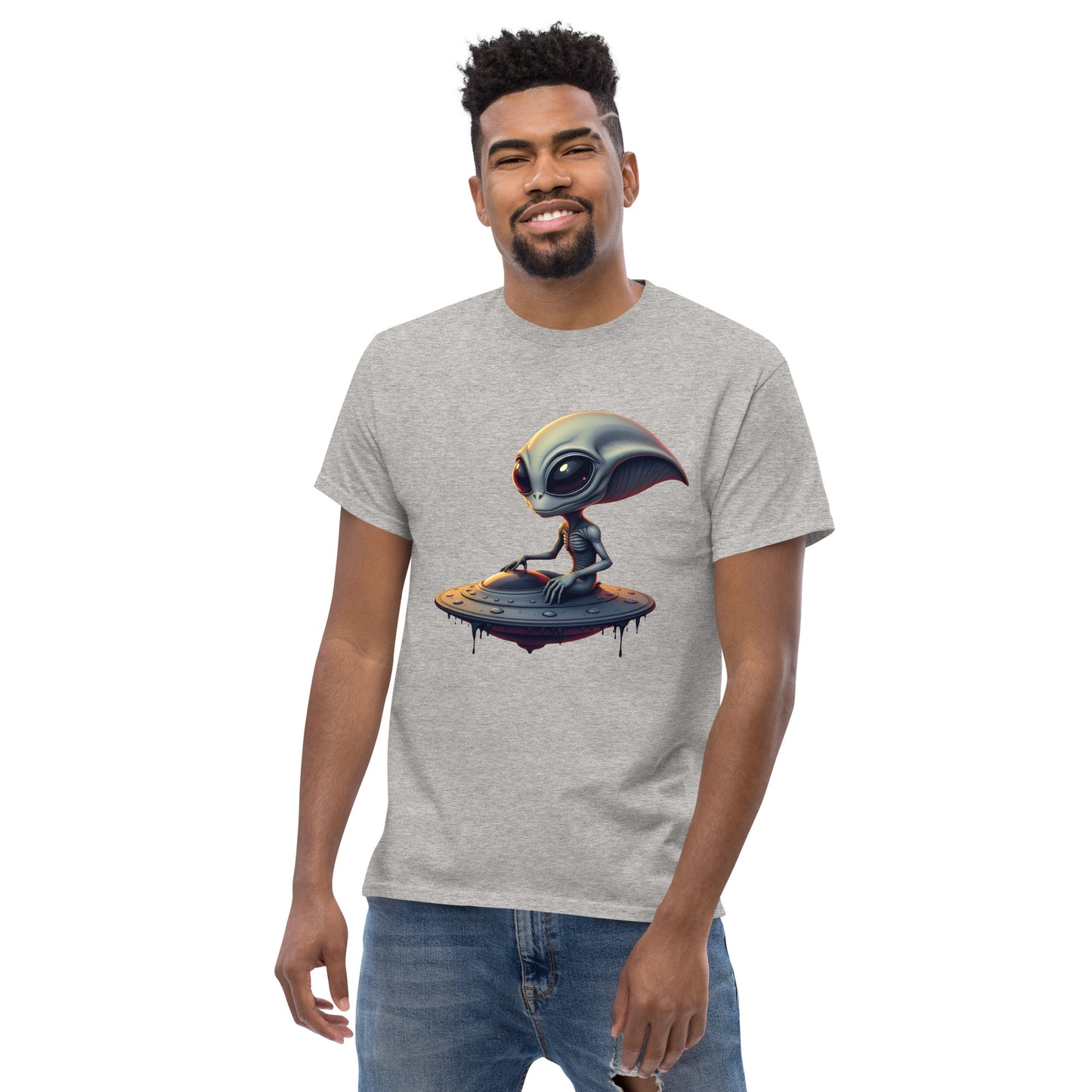 Unisex Almond eyed alien riding ufo classic tee