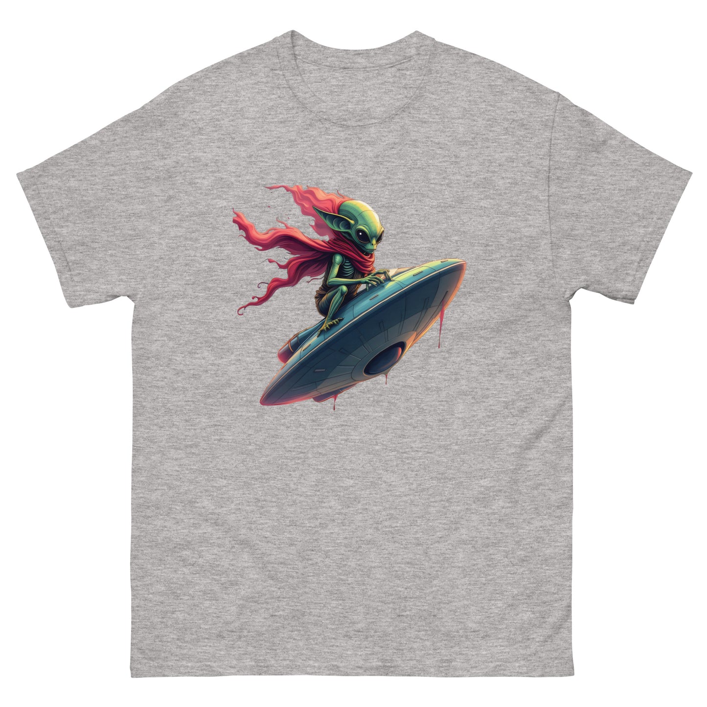 Unisex Alien Surfing a UFO classic tee