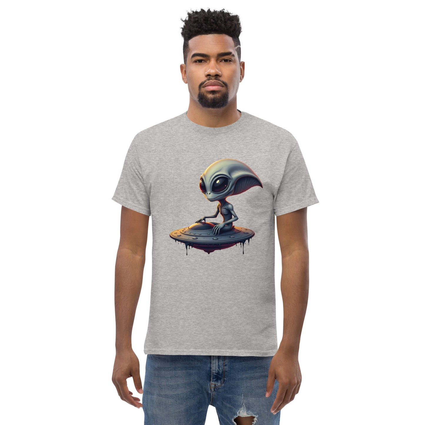 Unisex Almond eyed alien riding ufo classic tee