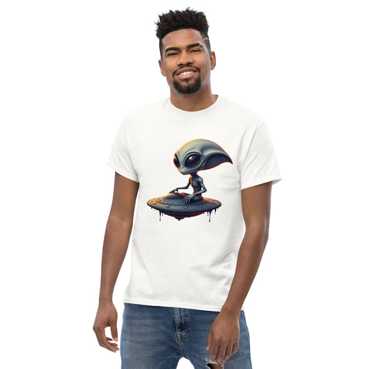 Unisex Almond eyed alien riding ufo classic tee