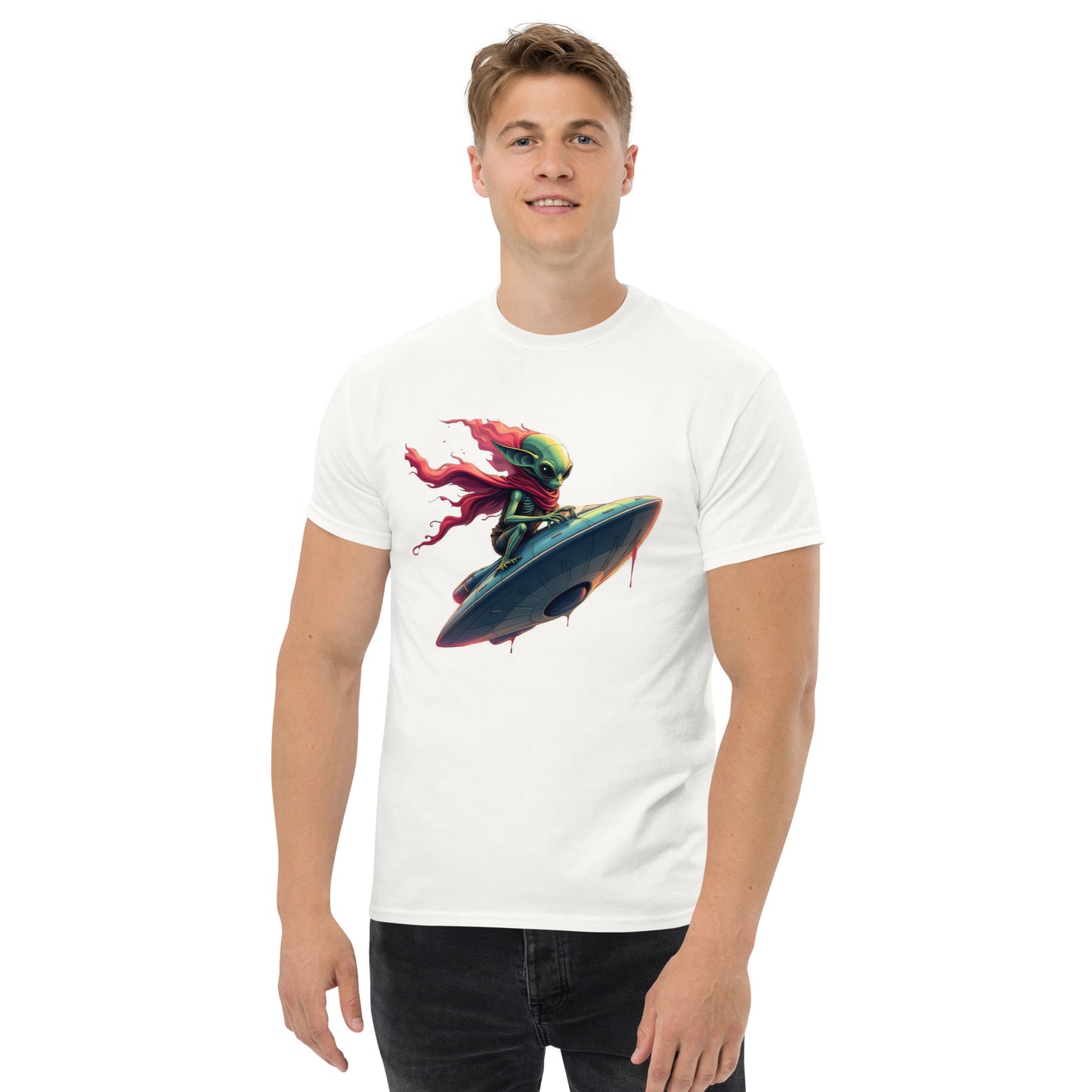 Unisex Alien Surfing a UFO classic tee