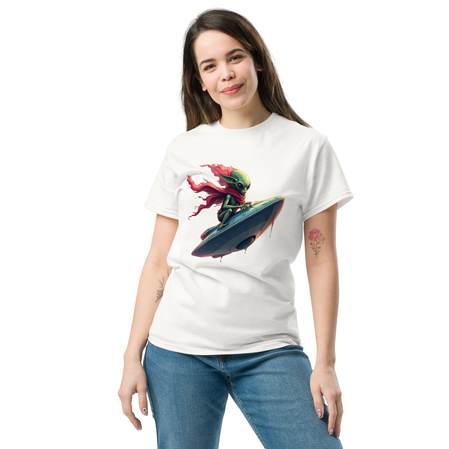 Unisex Alien Surfing a UFO classic tee