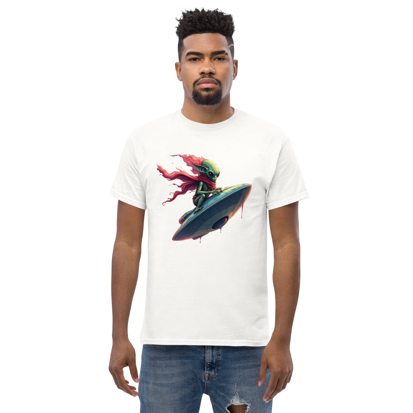 Unisex Alien Surfing a UFO classic tee