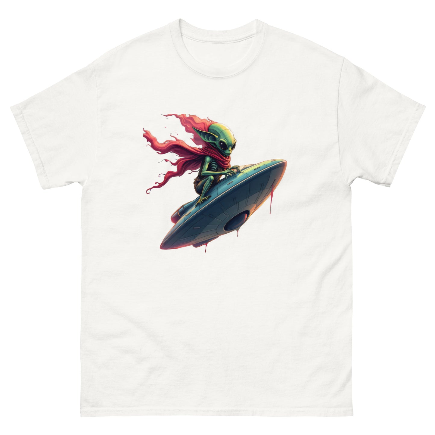 Unisex Alien Surfing a UFO classic tee