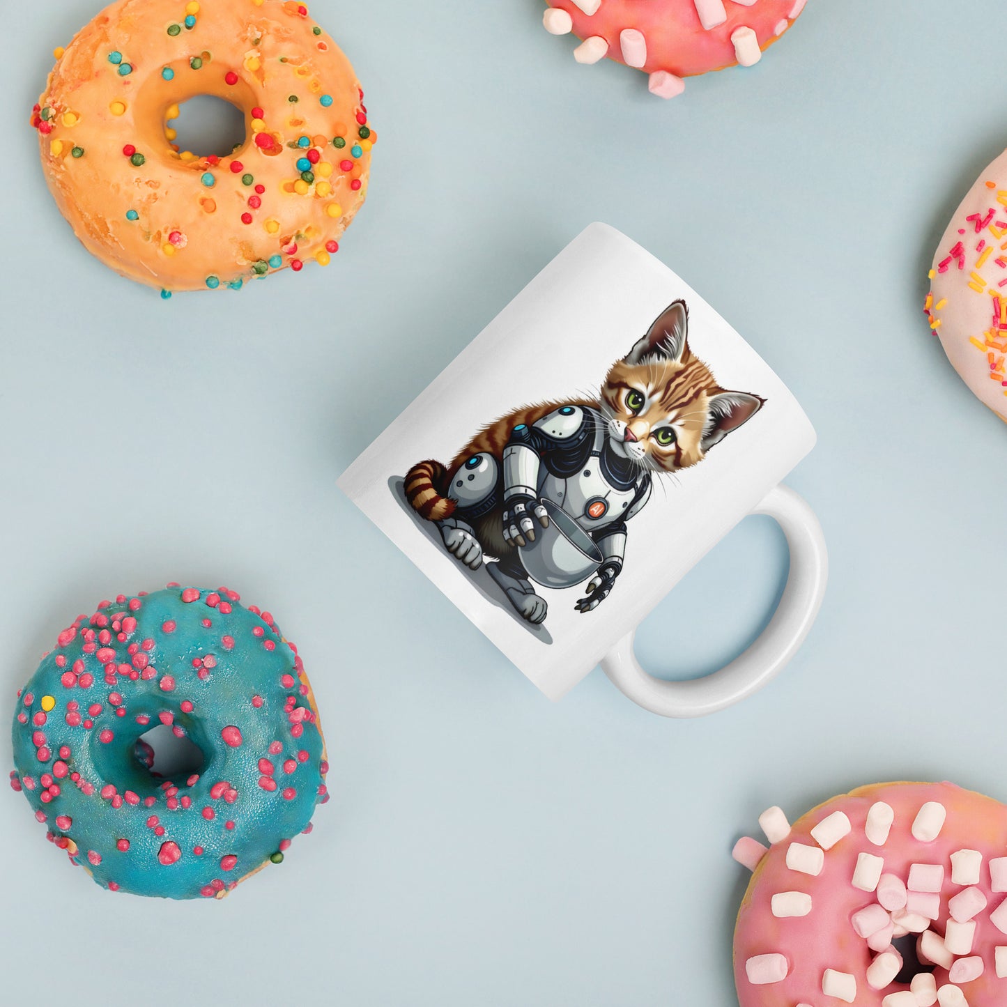 Hybrid aI cat with bowls White glossy mug