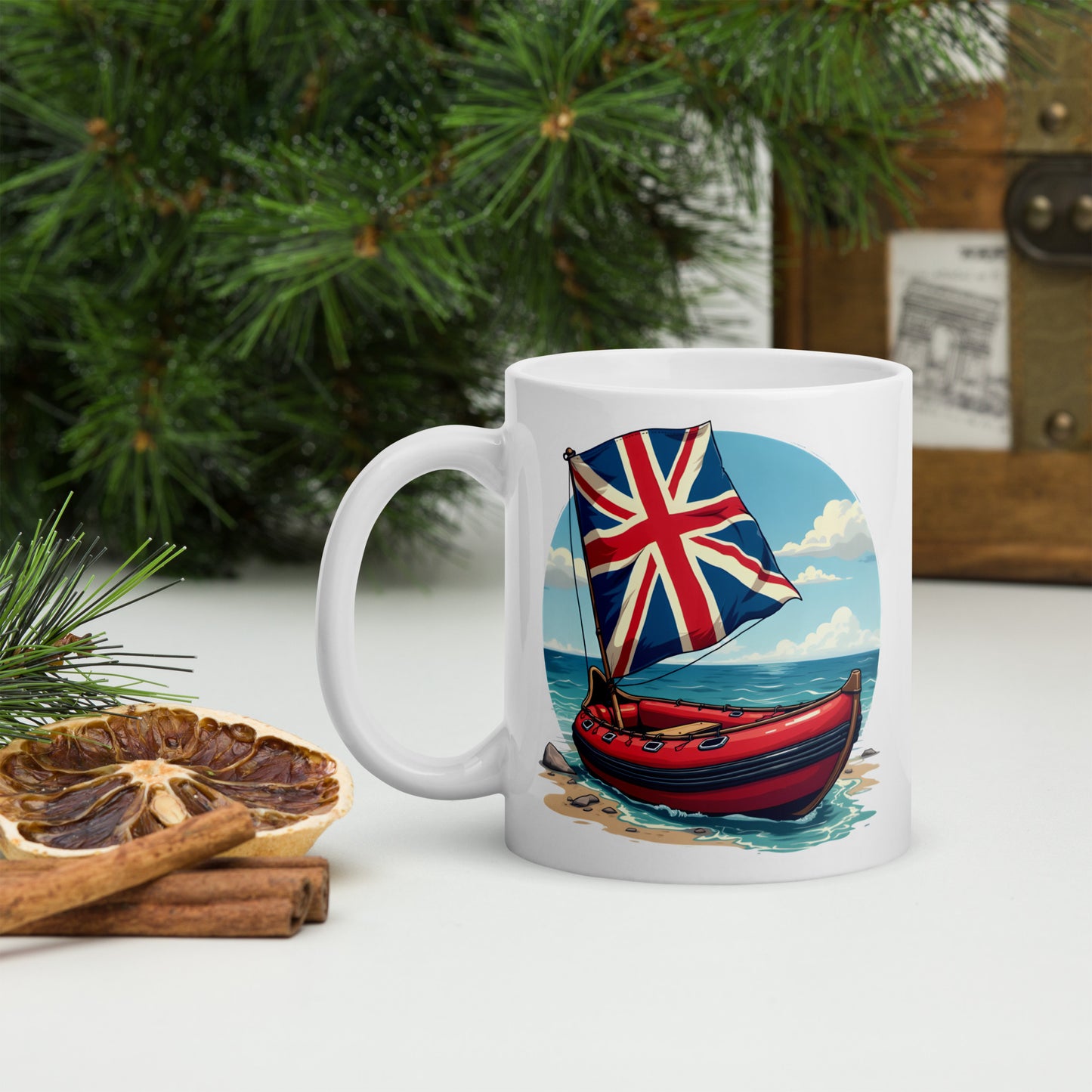 UK Beach Dinghy White glossy mug