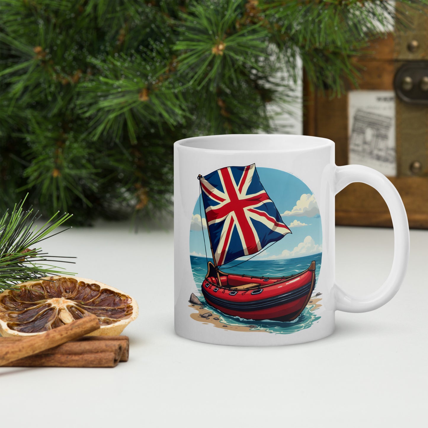 UK Beach Dinghy White glossy mug