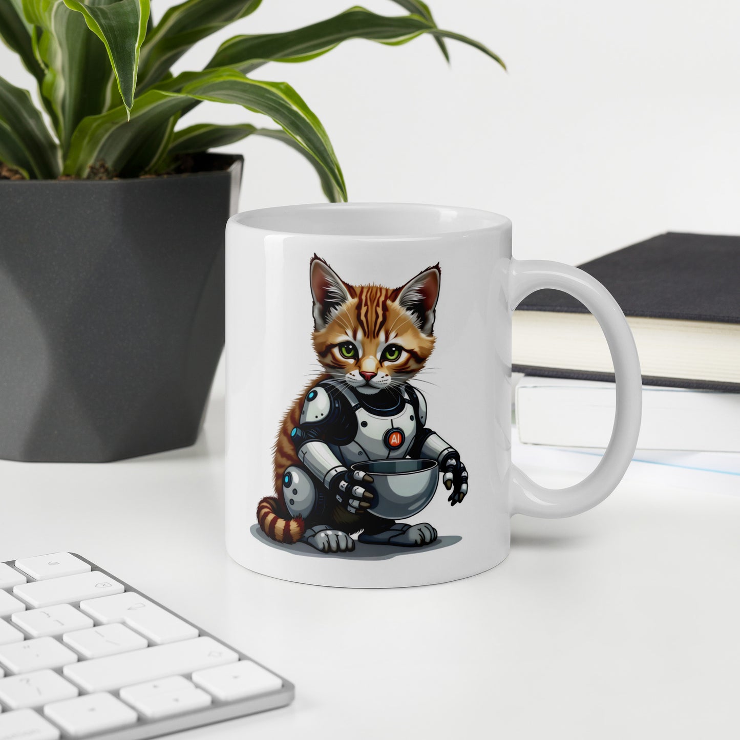 Hybrid aI cat with bowls White glossy mug