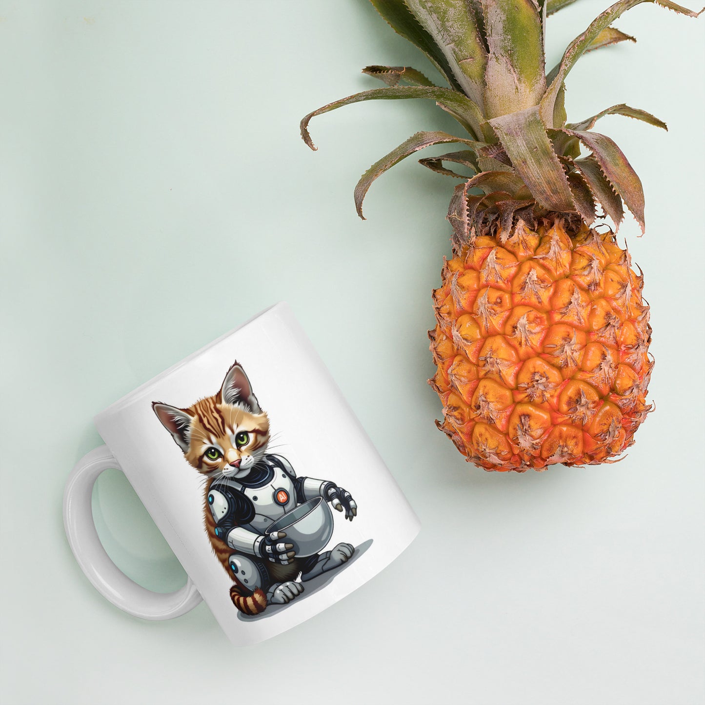 Hybrid aI cat with bowls White glossy mug