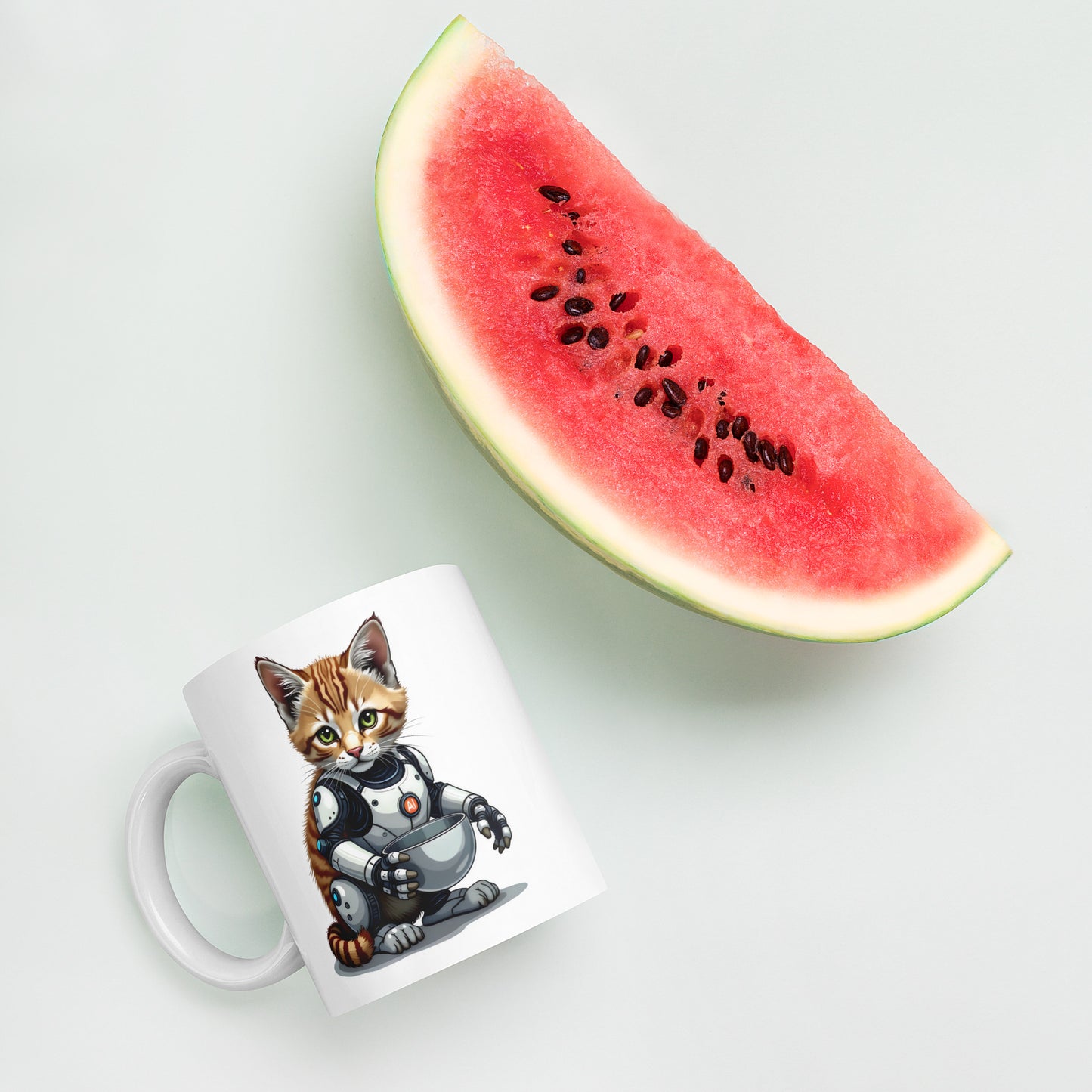Hybrid aI cat with bowls White glossy mug