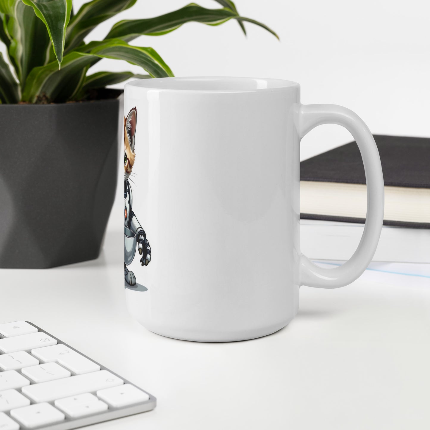 Hybrid aI cat with bowls White glossy mug
