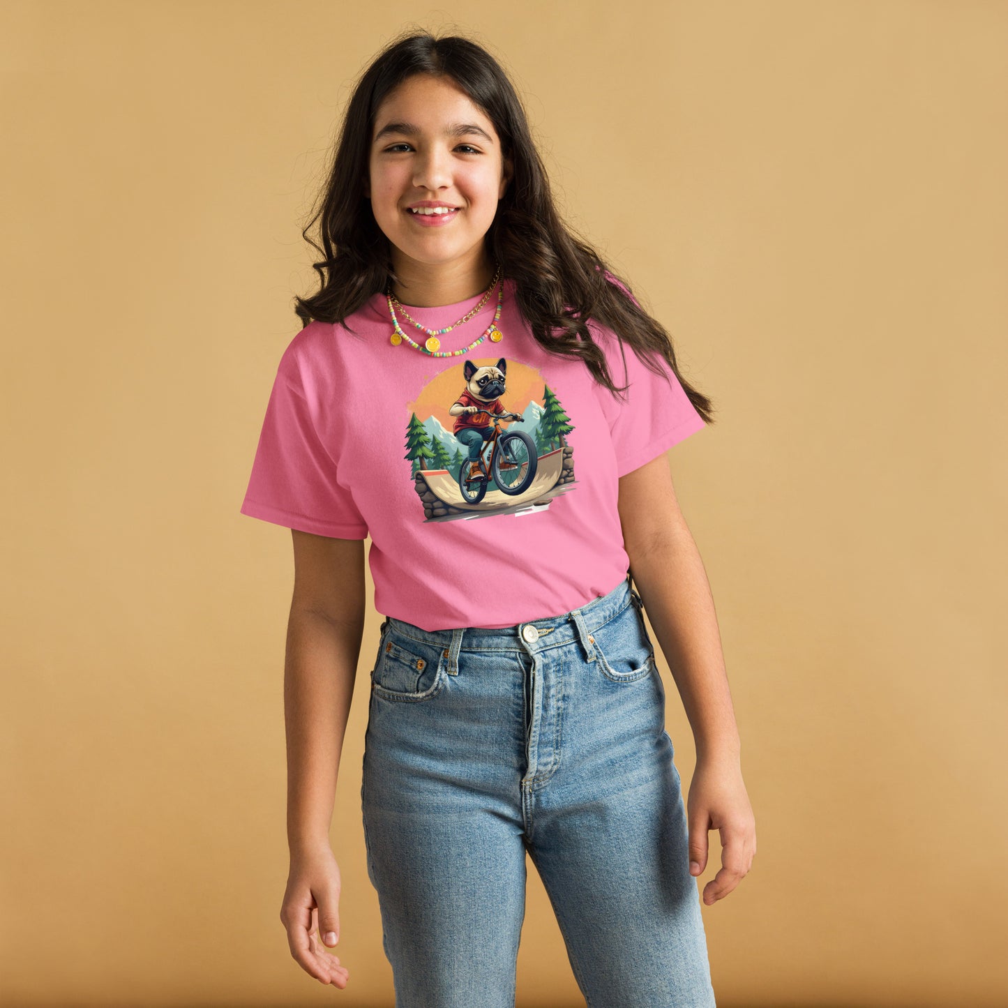 Youth pug dog at bike park Short-Sleeve classic tee