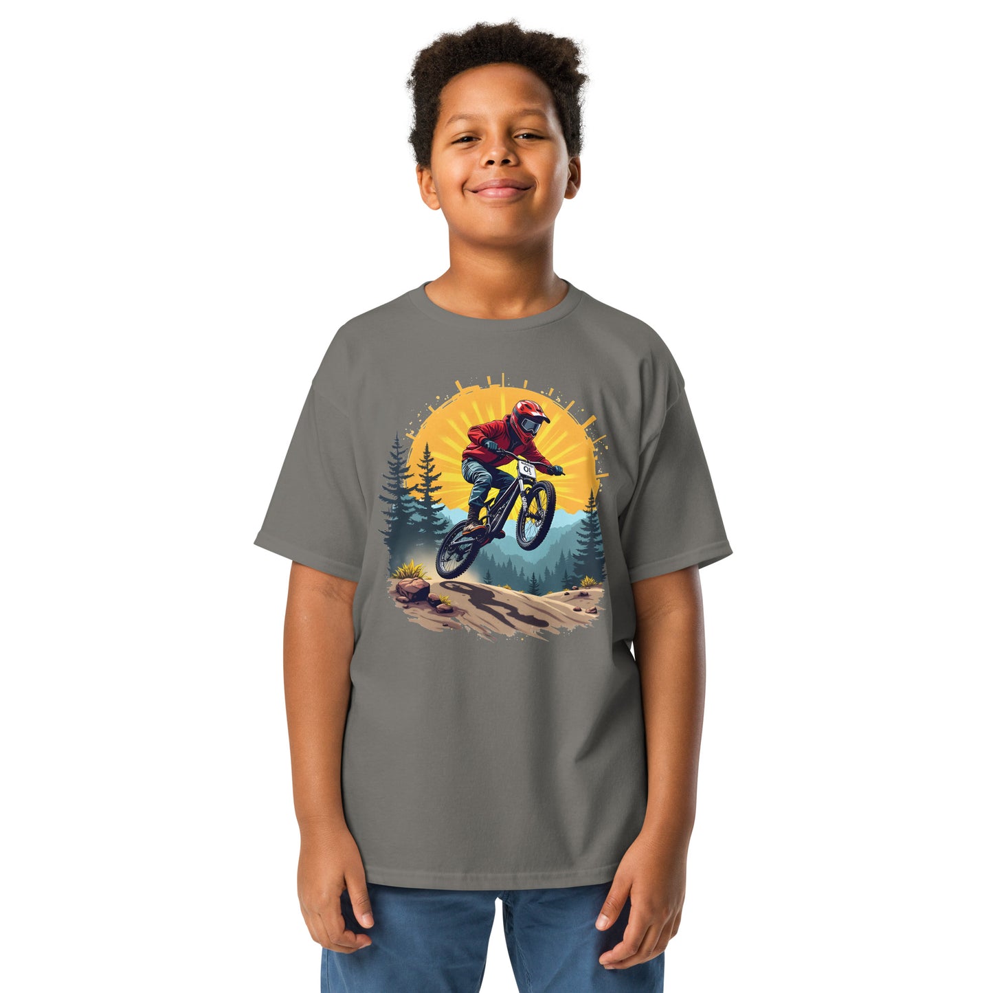 Youth Front print sun-set bike rider classic tee