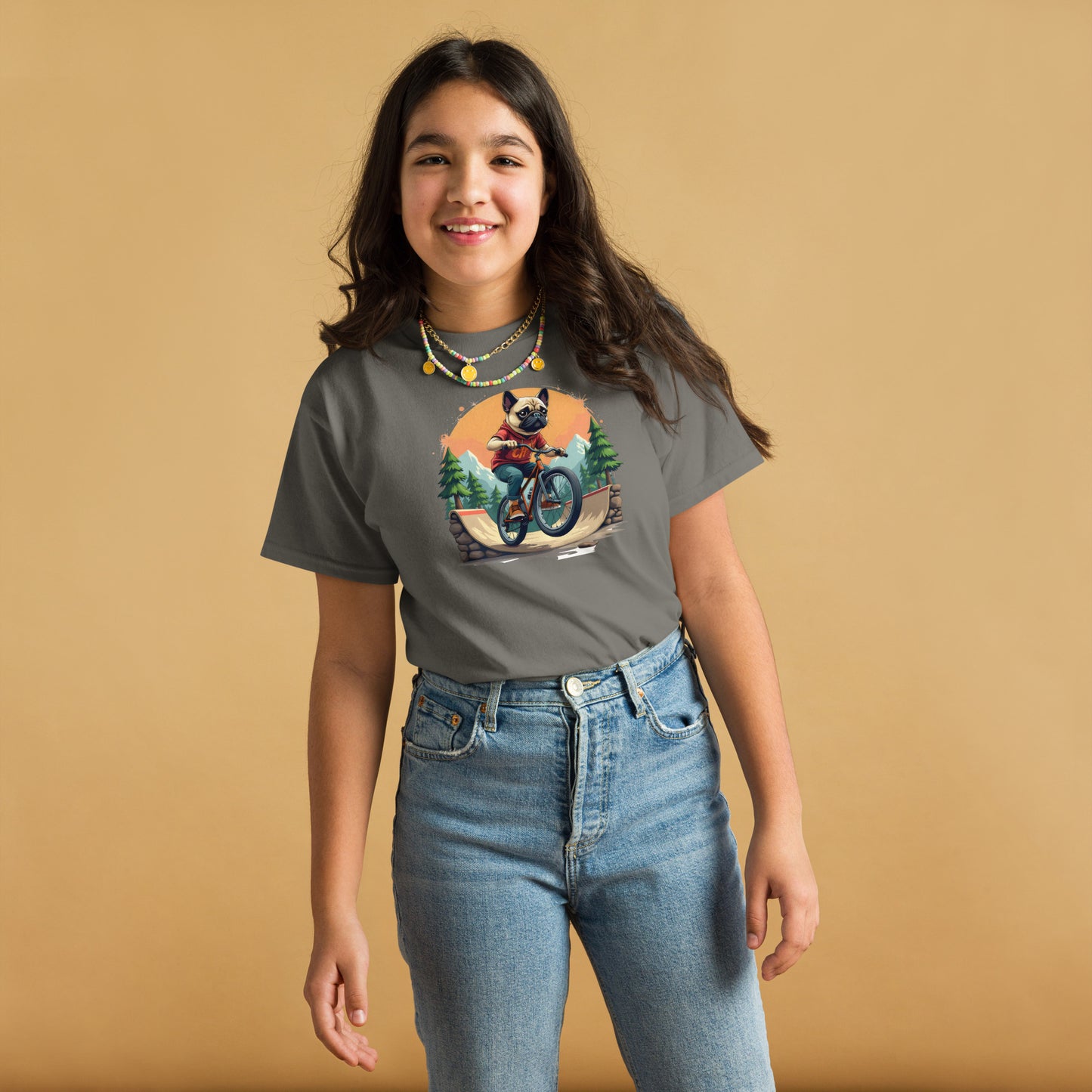 Youth pug dog at bike park Short-Sleeve classic tee